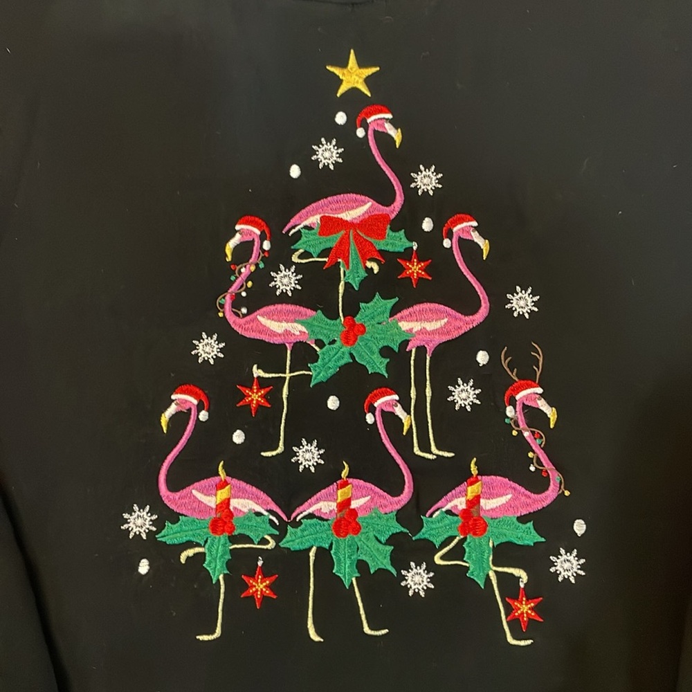 Flamingo Christmas tree pyramid sweatshirt, “ugly Christmas sweater”, size Large